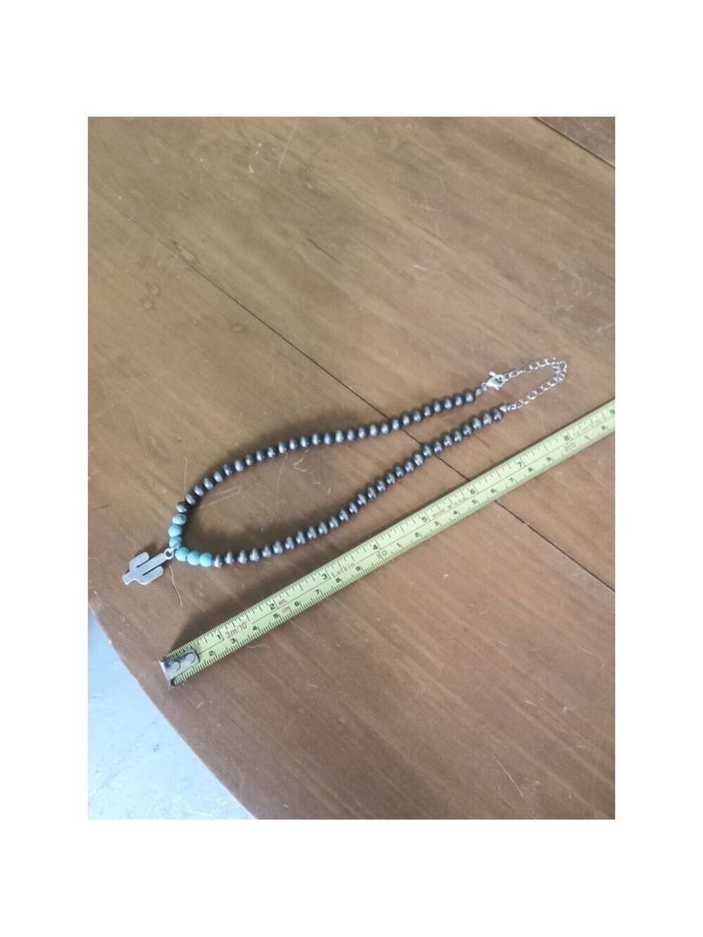 Beaded Necklace with Cactus Charm - Gray & Turquoise - Picture 2 of 4
